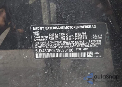 2022 BMW X3 Sdrive30I z USA, uszkodzony, nr VIN 5UX43DP02N9L35106